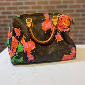 Louis Vuitton Brown Satchel with Neon Floral Design